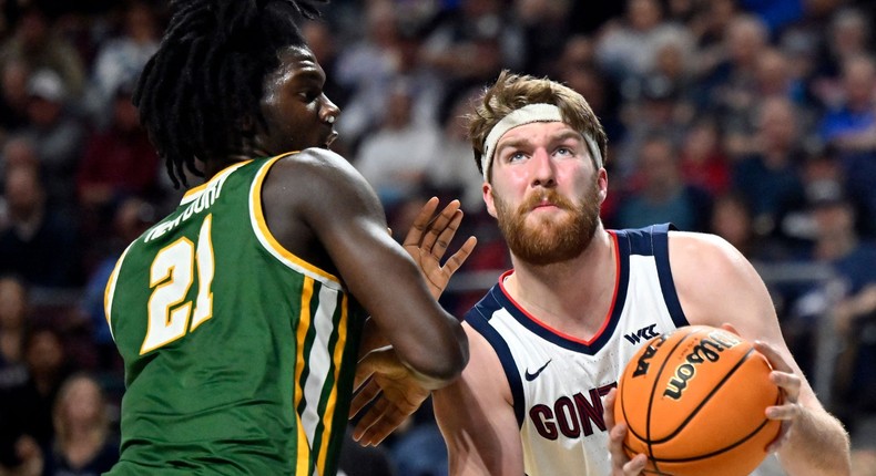 Gonzaga forward Drew Timme drives against San Francisco.AP Photo/David Becker