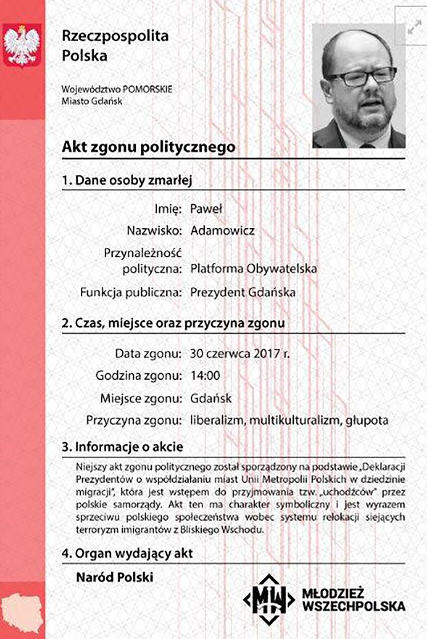 Polityczny akt zgonu Pawła Adamowicza