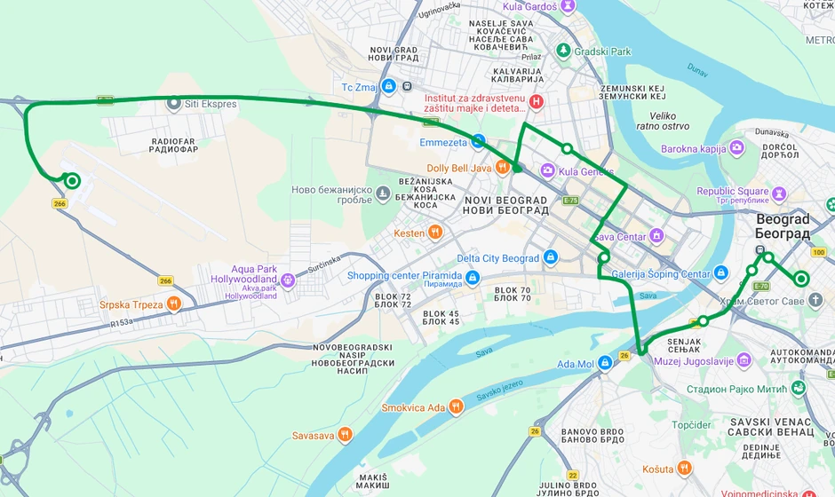 Trasa linije A1 u smeru od aerodroma Nikola Tesla