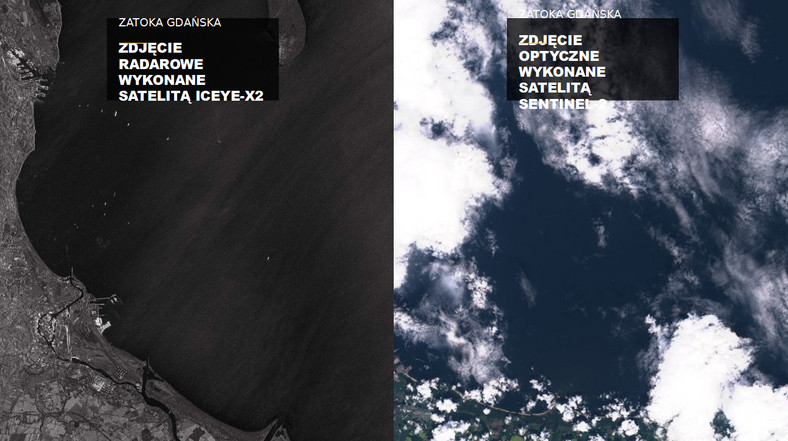 Zatoka Gdańska w pochmurny dzień. Zdjęcie z satelity z radarem (z lewej) i optycznego (z prawej)