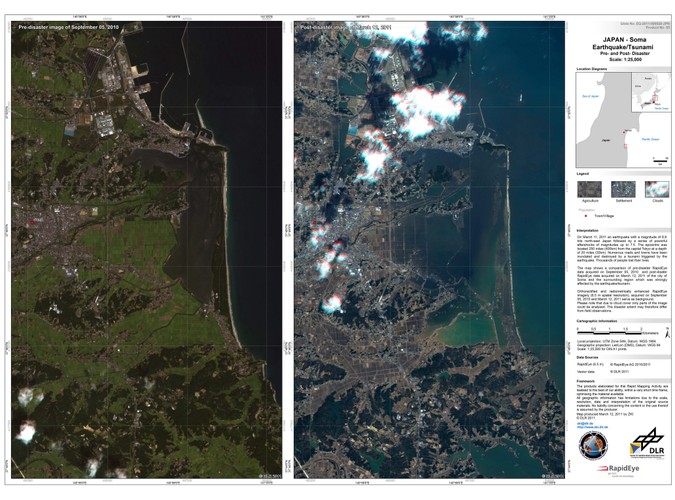 Zdjęcia wykonane przez satelitę RapidEye, przedstawiające miasto Soma i jego okolice w północno-wschodniej części Japonii. Obraz po lewej pochodzi z 5 września 2010, po prawej - z 12 marca 2011