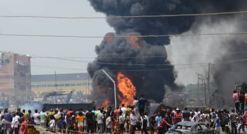 Fire explosion rocks Abule Ado area of Lagos on Sunday morning. (Punch)