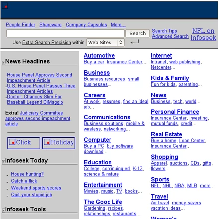 Witryna Infoseek w 1998 r. Niestety w zachowanej kopii nie widać wszystkich elementów graficznych serwisu. Źródło: archive.org