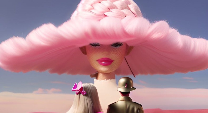 An AI Barbie and Oppenheimer in front of a giant Barbie wearing a hat modeled on the alien spaceship in Nope.Pieke Roelofs