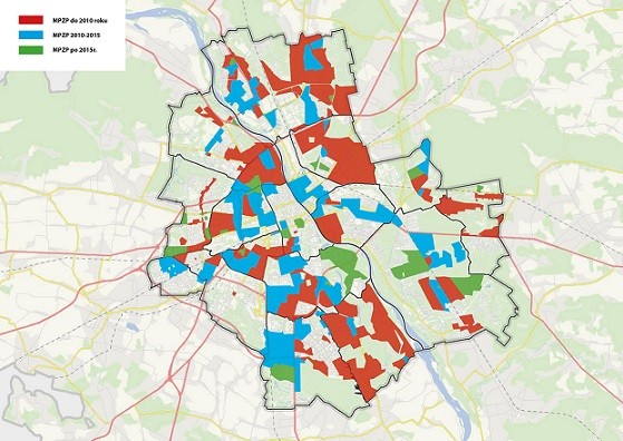 Stopień pokrycia Warszawy miejscowymi planami zagospodarowania przestrzennego. Źródło: materiały własne partnera.