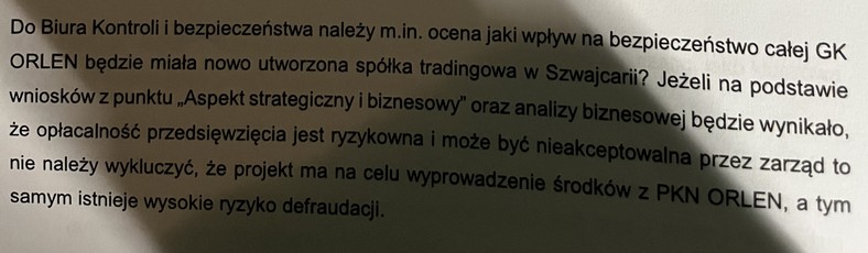 Fragment notatki Biura Kontroli i Bezpieczeństwa Orlenu w odniesieniu do planów powołania spółki Orlen Trading Switzerland