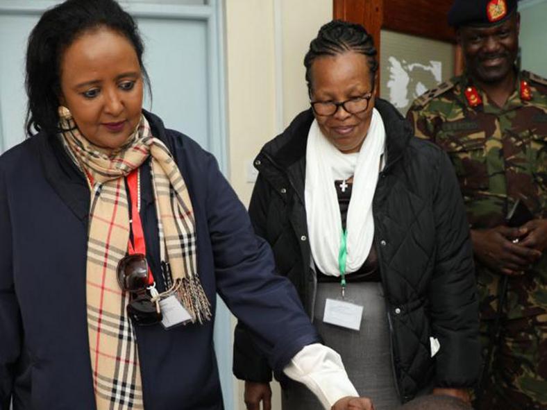 Outgoing Education CS Amina Mohamed with Knec CEO Mercy Korongo during a past verification of exam materials 