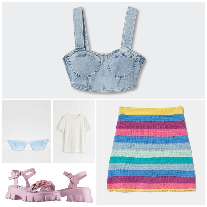 Top „Mango“, majica „H&M“, suknja i naočare za sunce „Bershka“,sandale „Metro“