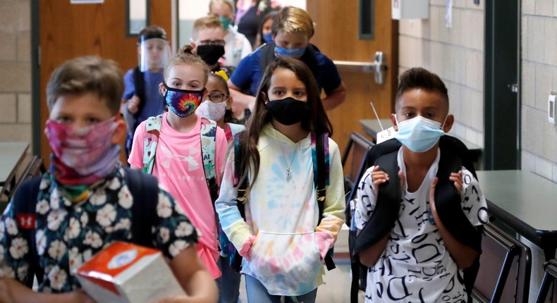 Elementary-school students walk to classes in Godley, Texas, on August 5.
