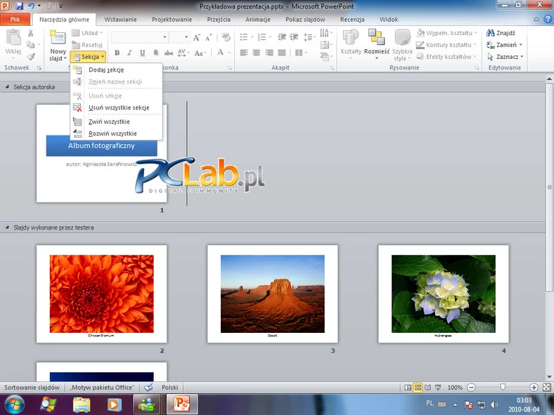 MS PowerPoint 2010 – podział slajdów na sekcje (kliknij, aby powiększyć)