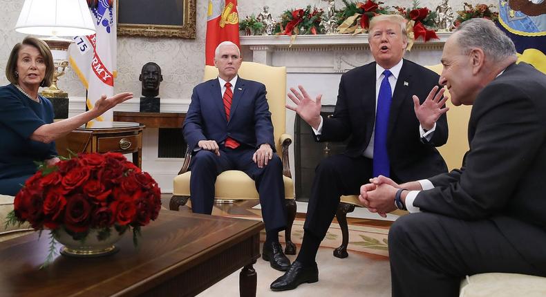 President Donald Trump speaks with Democratic leaders in the Oval Office on Tuesday.