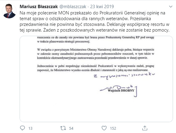 Tweet ministra Błaszczaka z deklaracją pomocy weteranom