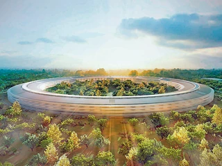 Apple Park
w Kalifornii.
W przyszłości
biura będą żywe, samowystarczalne, niewidzialne oraz zgodne z naturą. Fot. flickr.com/Norman Foster