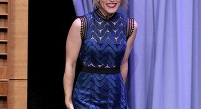 Rachel McAdams Self Portrait black and blue high-necked midi dress with woven details is just perfect on her