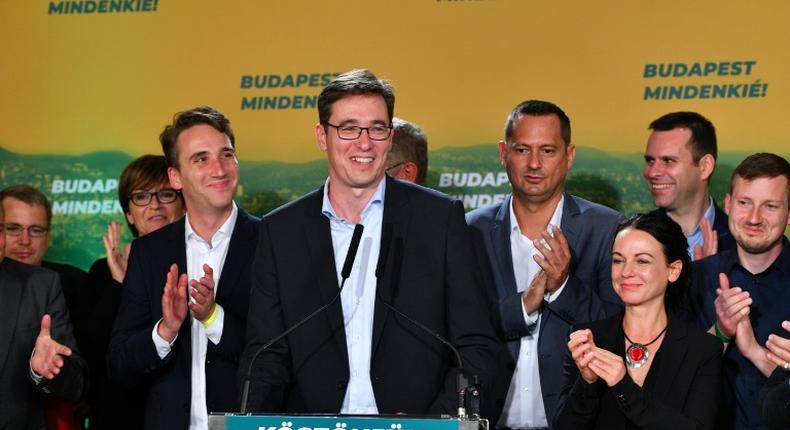 Budapest's mayor candidate of the centre left opposition party Gergely Karacsony celebrates his shock victory in the local election