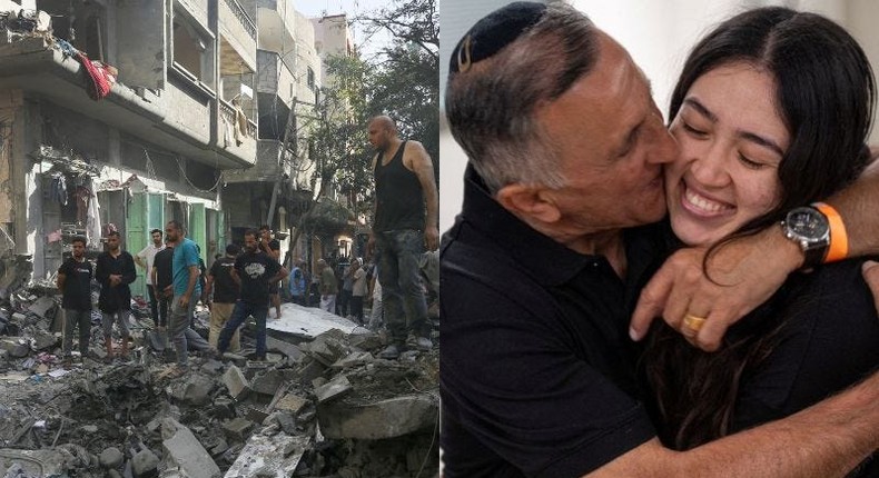 L: Civil defense teams and locals investigate the rubble after Israeli attacks on Nuseirat camp in Deir al Balah, Gaza on June 08, 2024.
R: Noa Argamani embraces her father after Israeli forces rescued four hostages from the central Gaza Strip, in Ramat Gan, Israel, in this handout image obtained by Reuters on June 8, 2024.L: Anadolu/Getty Images 
R: Israeli Army/Handout via REUTERS