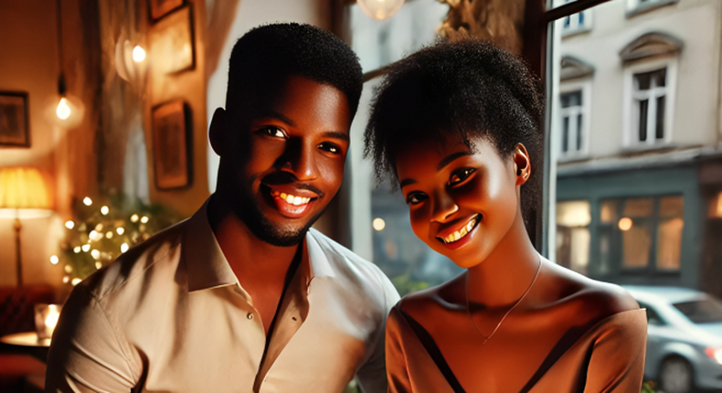 An AI-generated image of  A warm and romantic scene of an African young couple on a date in a cozy café