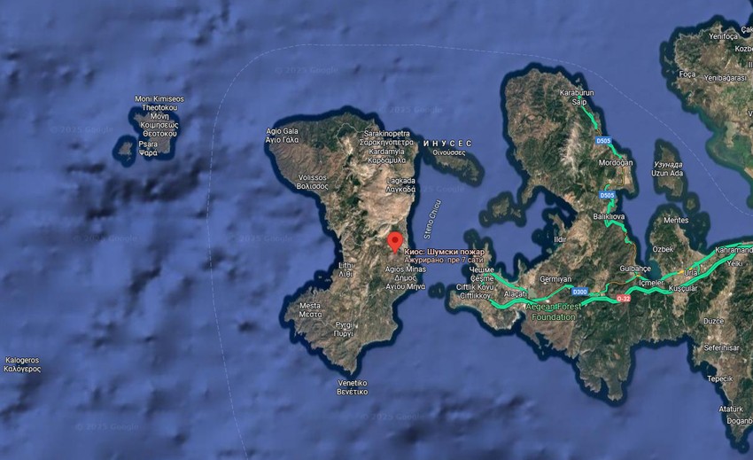 Mapa - požar na ostrvu Hios