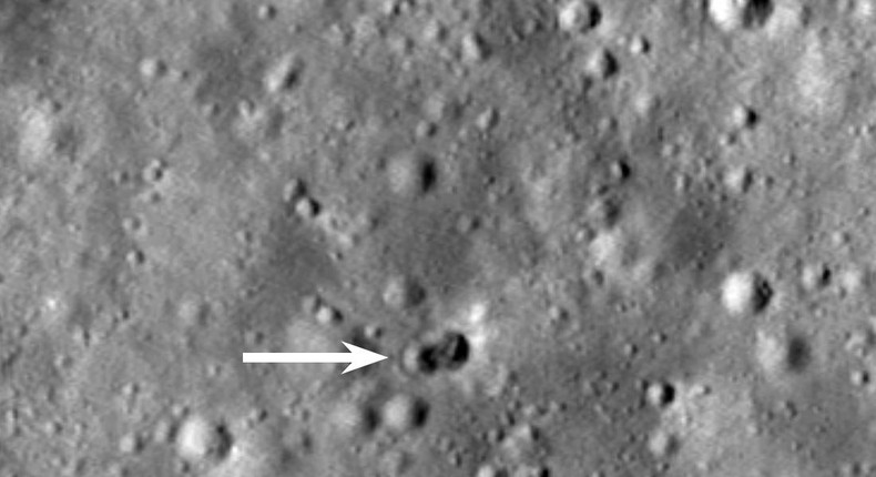 An identified rocket body hit the moon on March 4, 2022, creating a double crater. The image was taken with NASA's Lunar Reconnaissance Orbiter on May 25.