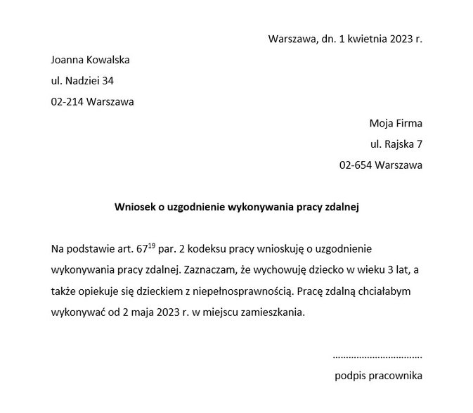 Przykładowy wzór wniosku o pracę zdalną