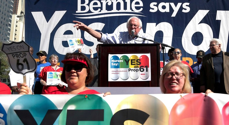 U.S, Sen. Bernie Sanders (I-Vt.) expresses his support for Proposition 61 downtown Los Angeles, Monday, Nov. 7, 2016. The ballot measure, which was about prescription drug prices, didn't pass.