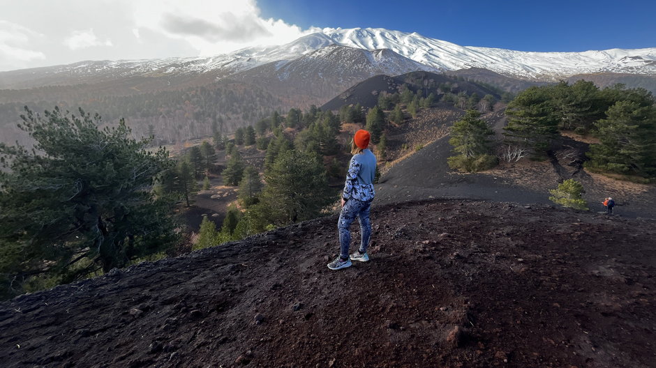 Kratery Monti Sartorius i widok na wulkan Etna. 