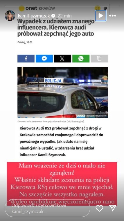 InstaStory z profilu Kamila Szymczaka