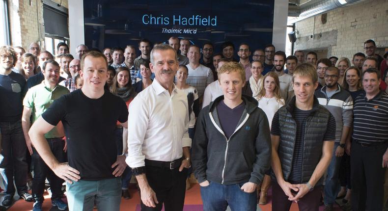 Left to right: Thalmic Labs CEO Stephen Lake, Canadian astronaut Chris Hadfield, Thalmic Labs co-founder Matthew Bailey, and Thalmic Labs co-founder Aaron Grant