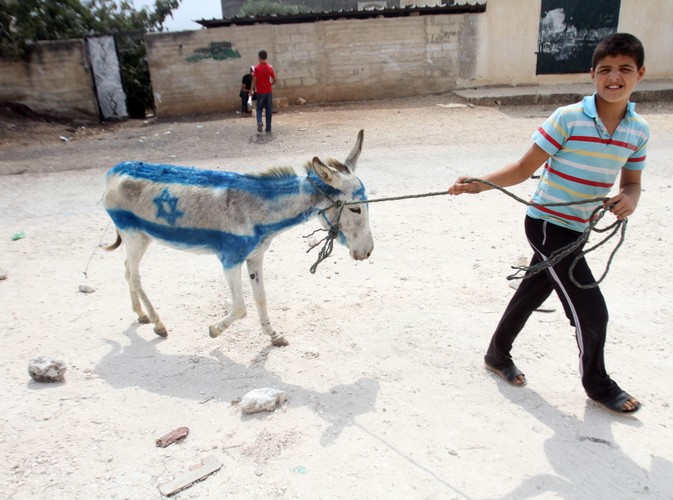 Palestyński chłopiec prowadzi osiołka pomalowanego w barwy flagi izraelskiej