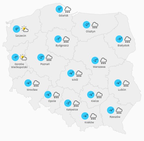 Prognoza maksymalnej temperatury w sobotę 16 stycznia