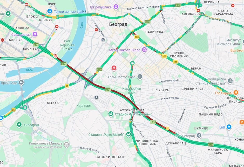 Gužva na moto-putu kroz Beograd od Dušanovca do Gazele