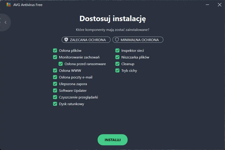 Dostosowanie instalacji AVG AntiVirus Free