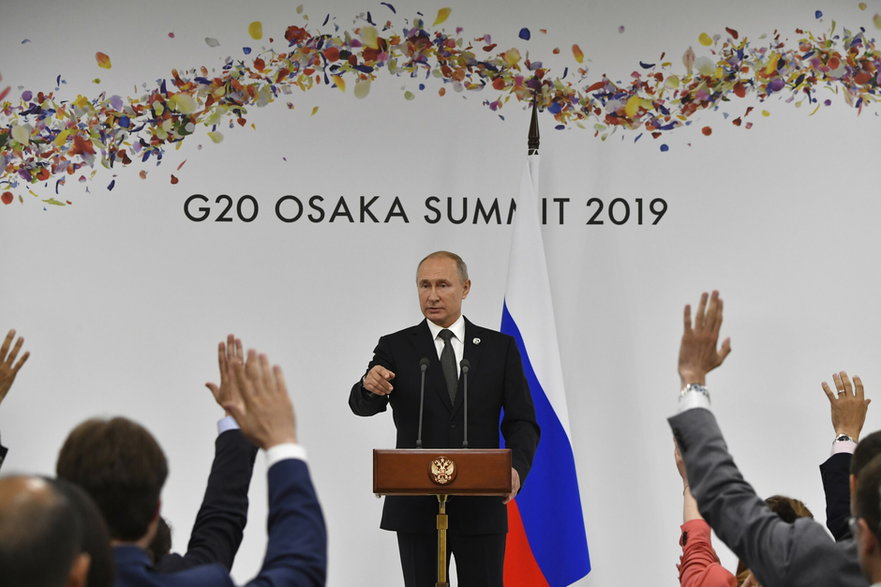 Prezydent Rosji Władimir Putin podczas konferencji prasowej na marginesie szczytu G20, 29 czerwca 2019 r., Japonia