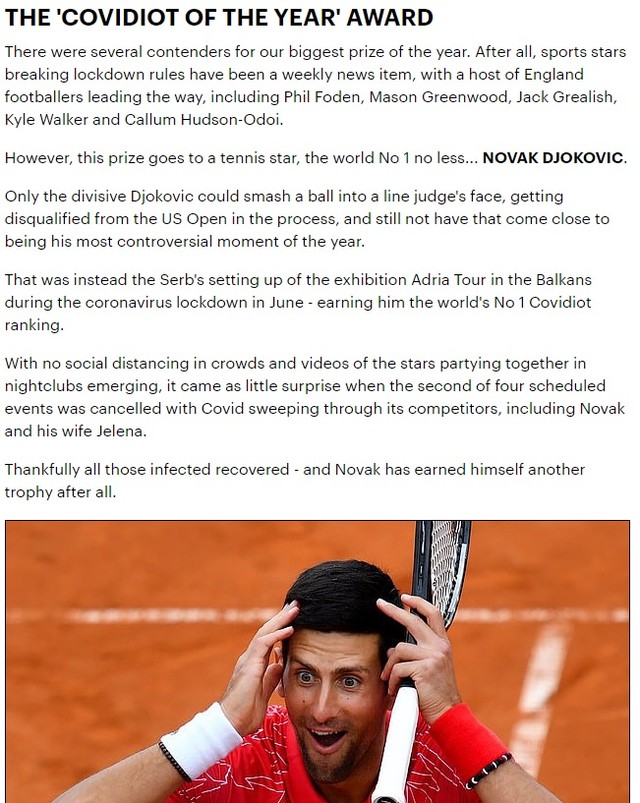 Nole i "kovidiot nagrada" - tekst Dejli mejla