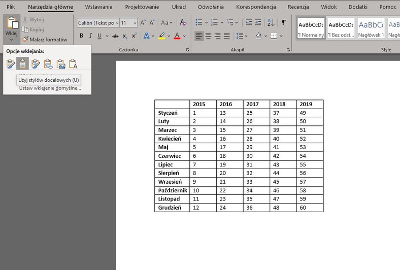 Umieszczamy arkusz Excela w dokumencie Worda plik Excela w Wordzie
