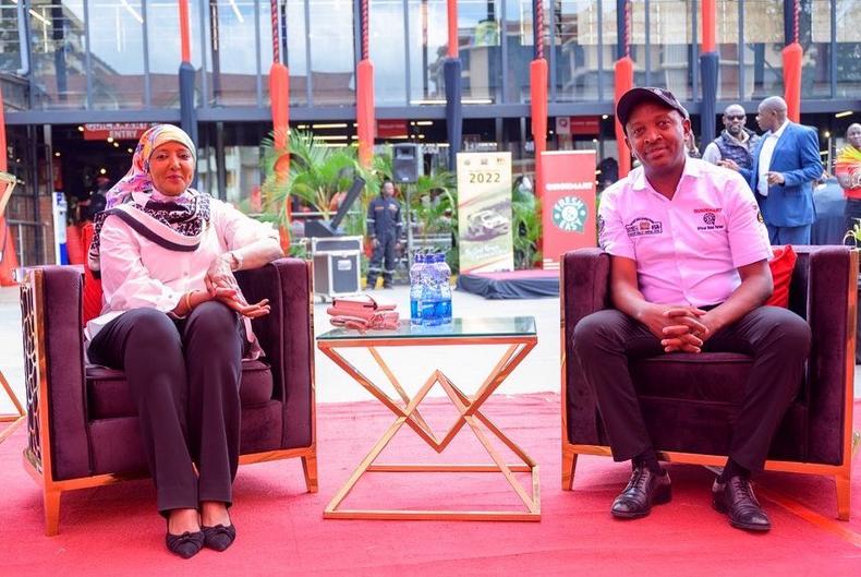 Sports Cabinet Secretary Amina Mohamed and Quickmart CEO Peter Kang'iri during the official partnership announcement between Quickmart and Safari Rally. The two entities announced a one-year sponsorship deal to the tune of Sh10million. Image by: Quickmart Kenya/Twitter