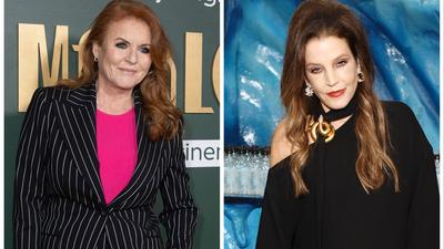 Sarah Ferguson, left, attends the UK premiere of Marlowe at Vue West End, London, on March 16, 2023, and the late Lisa Marie Presley, right, photographed at the Golden Globe Awards in January 2023.Jo Hale/WireImage/Getty Images, Joe Scarnici/Getty Images for Icelandic Glacial