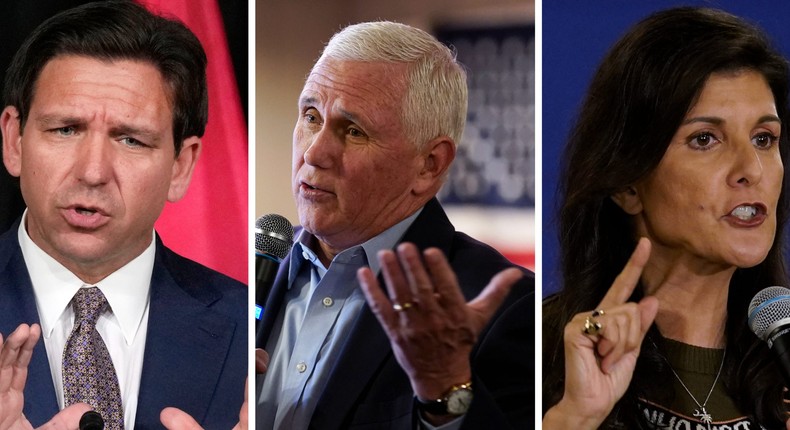 A composite image of Florida Gov. Ron DeSantis, former Vice President Mike Pence, and former UN Ambassador Nikki HaleyAP Images