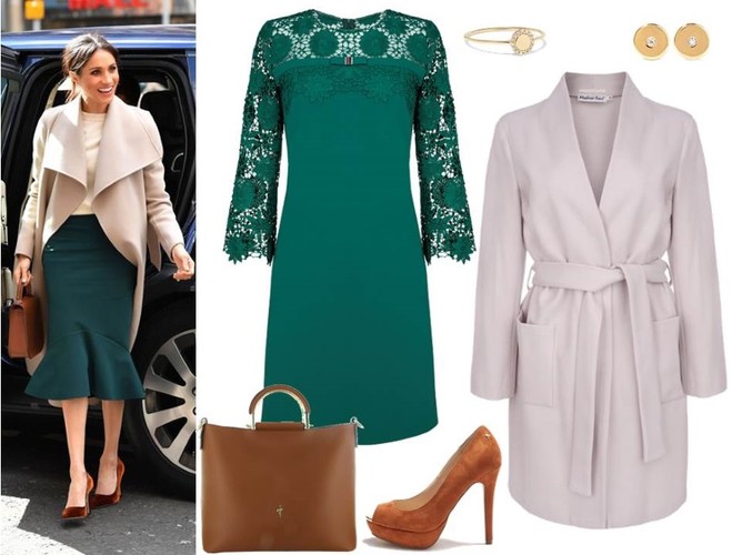 Modne zestawy w stylu księżnej Catherine i księżnej Meghan: żakiet - Grandio/grandio.pl, spódnica - Grandio/grandio.pl, szpilki - Caprice/caprice.pl, torebka - Menbur/menbur.pl, dodatki – TK MAXX