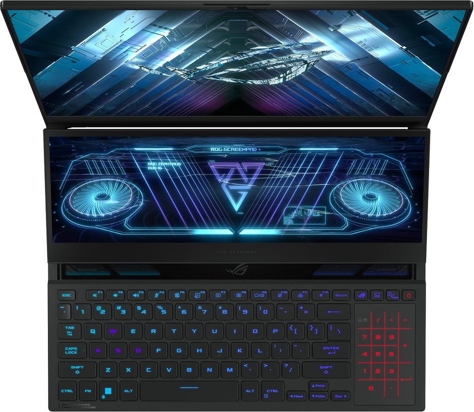 Asus ROG Zephyrus Duo 16 (GX650RX) – ScreenPad Plus, klawiatura i touchapd z włączonym NumberPadem