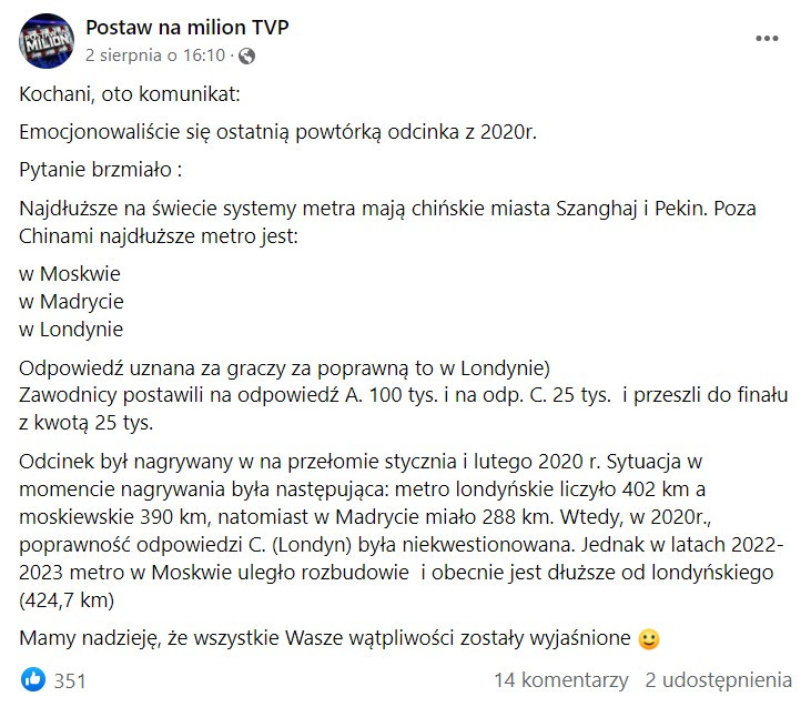 Wpis na profilu programu "Postaw na milion"