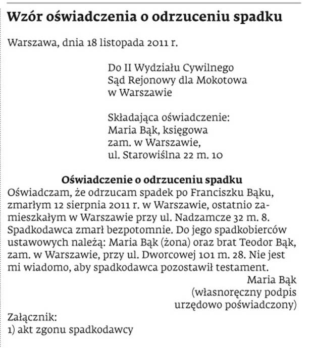 Wzór oświadczenia o odrzuceniu spadku