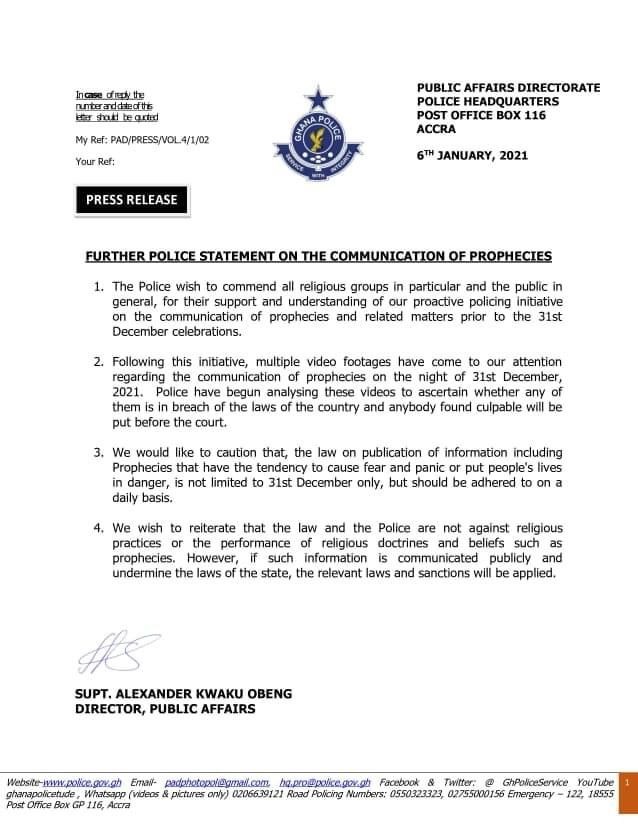 Police statement on 31st watch night prophesies