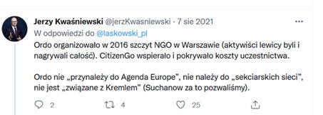 Tweet Jerzego Kwaśniewskiego, 7 sierpnia 2021 r.