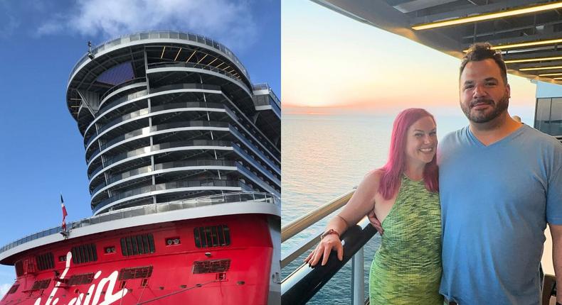 Left: Virgin Voyages Scarlet Lady, right: Eliza Green and her husband on the Dominican Daze cruise.Left: Rachel Hosie/Business Insider, Right: Eliza Green