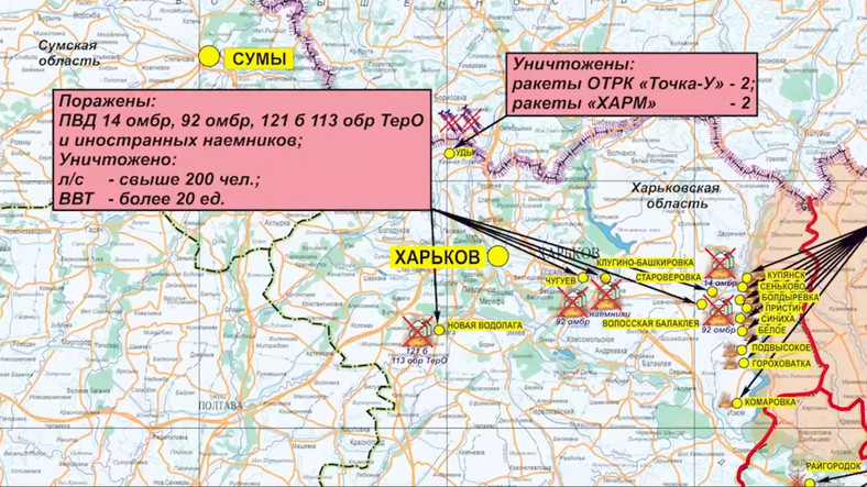 Sytuacja pod Charkowem (w centrum z nazwą na żółtym tle). Mapa rosyjskiego MON z 11 września 2022 r.