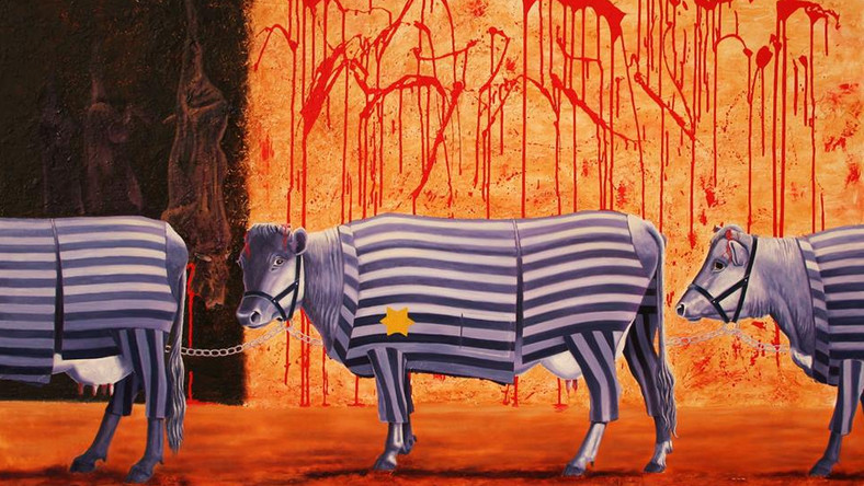 <strong>W mediach społecznościowych rozgorzała dyskusja na temat kontrowersyjnej grafiki Jo Frederiks, która przedstawia krowy w "pasiakach". Obraz pochodzi z wystawy "Animal Holocaust", której celem było zwrócenie uwagi na cierpienie zwierząt hodowlanych.</strong>