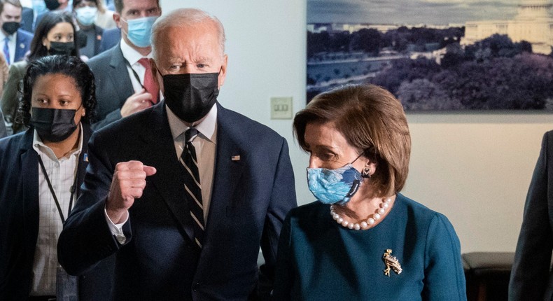 U.S. President Joe Biden and Speaker of the House Nancy Pelosi leave a meeting with House Democrats at the U.S. Capitol on Capitol Hill October 28, 2021 in Washington, DC.