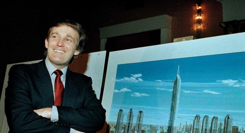 Donald Trump displays an artist's concept of Television City, in this Nov. 18, 1985 photo.