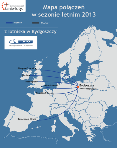 Bydgoskie lotnisko oferuje swoim podróżnym niewiele połączeń lotniczych. Jedynym przewoźnikiem, który obsługuje regularne zagraniczne połączenia jest Ryanair. Regularne loty z Bydgoszczy do Warszawy oferują zaś Polskie Linie Lotnicze LOT. Sezon letni 2013 nie przyniesie zbyt wielu zmian. Do rozkładu wróciło połączenie do Barcelony Girony. Zmienią się dni operacji lotniczych na kierunkach Dublin i Dusseldorf Weeze. Podróżni korzystający z lotniska w Bydgoszczy mogą bezpośrednio polecieć jeszcze - tak jak w ubiegłym sezonie - do Londynu i Birmingham.